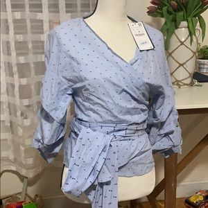 Zara women blouse blue dot size L NWT